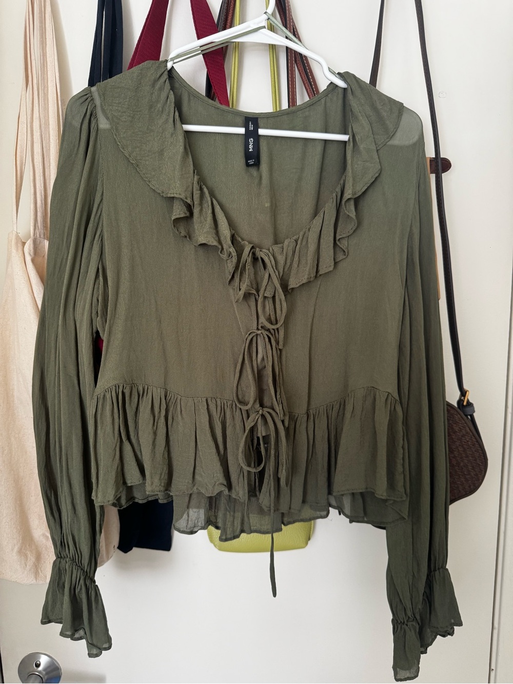 Mango Olive Ruffle Tie-Front Blouse
